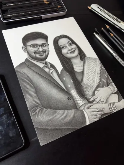 This A4 size couple sketch for a client in West Bengal shows how even a smaller portrait can hold so much detail and love. I used my favorite Brustro graphic pencils for this.