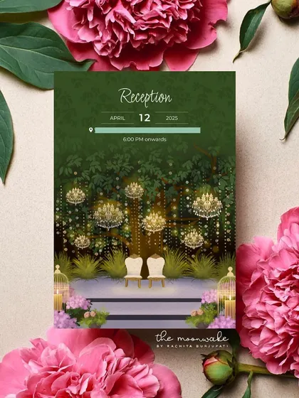 An illustrated reception invitation featuring a lush, green backdrop with elegant chandeliers. This piece was part of a South Indian wedding suite, designed to capture the warmth and beauty of the celebration.