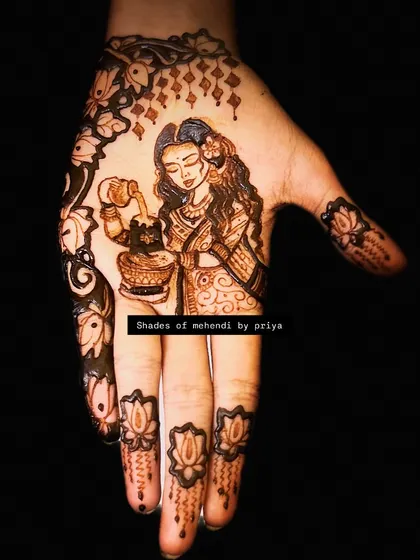 A beautiful figure of a woman performing a ritual, perfect for festivals like Tulsi Vivah. The design is framed by delicate lotus motifs on the fingers.