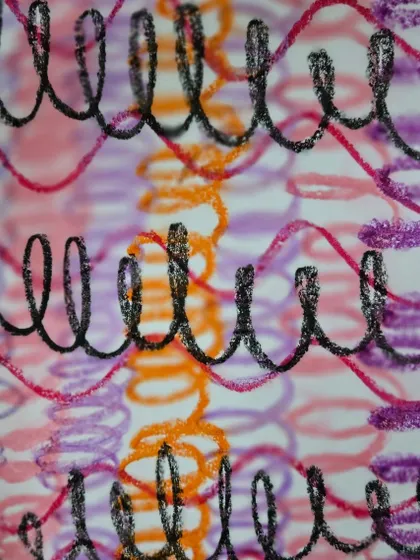 This abstract piece explores artistic rhythm through a dynamic interplay of colorful loops and curves. The textures created by the oil pastels invite viewers to engage with the spontaneity and movement in the art.