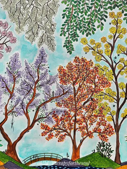 A close-up of the central part of the Bangalore spring painting, showing the bridge and the detailed foliage of the purple, orange, and yellow trees.