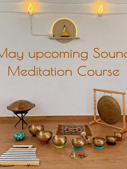 A beautiful arrangement of sound healing instruments ready for our May course. This setup includes a handpan, gong, chimes, and a variety of singing bowls, giving you a preview of the tools you will learn to master.