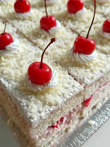 A lighter but equally delicious option, our White Forest pastry. It features vanilla sponge, fresh cream, and cherries, all covered in delicate white chocolate shavings.