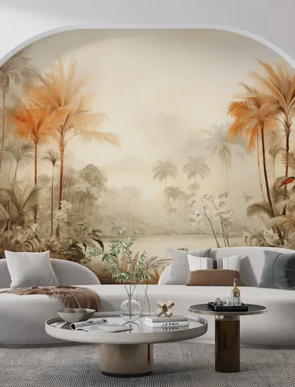 A misty, sepia-toned palm tree landscape mural creates a warm, vintage, and serene atmosphere in this beautifully styled living room.