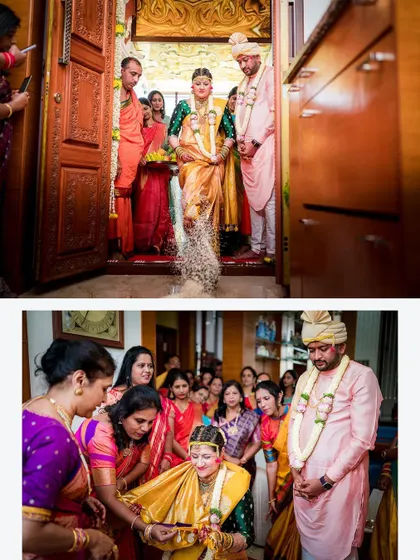 The bride's emotional 'Grihapravesh' as she enters her new home. We capture this poignant ritual, from tossing the rice to the warm welcome from her new family.