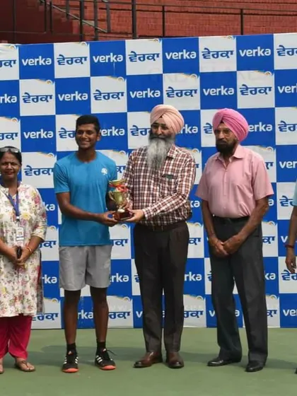 A formal prize ceremony shot of our player Ishaque Eqbal winning the singles title at the AITA 1 Lakh in Chandigarh.