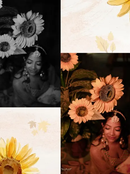 An artistic and creative edit. We combined color and black-and-white versions of a portrait with sunflower graphics, showing our ability to deliver unique, stylized images.