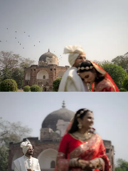 Two beautifully composed shots from a royal pre-wedding shoot, playing with focus and emotion against the backdrop of an ancient monument.