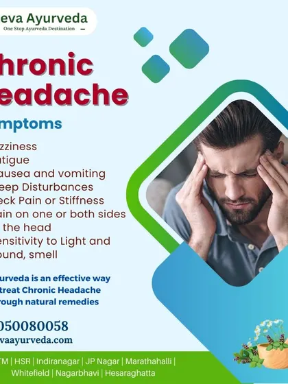 Chronic headaches and migraines often stem from deeper imbalances. This graphic lists common symptoms, and I offer natural remedies and therapies like Shirodhara to treat the root cause, providing relief from pain, dizziness, and fatigue.