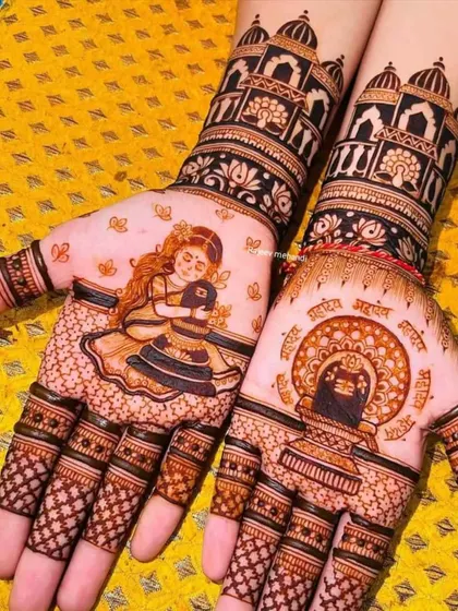 For the devotee, a divine portrait of Lord Shiva and Parvati. This design is perfect for occasions like Mahashivratri or for a bride who wants to carry their blessings.
