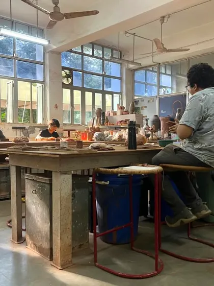 The studio on a summer afternoon, filled with natural light. We've designed the space to be inspiring and functional, with everything you need for your ceramic practice easily accessible.