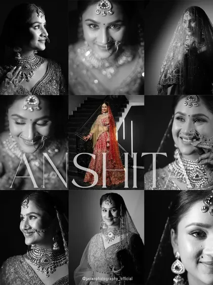 A grid of nine stunning bridal portraits, capturing a wide range of expressions from joyful to contemplative.