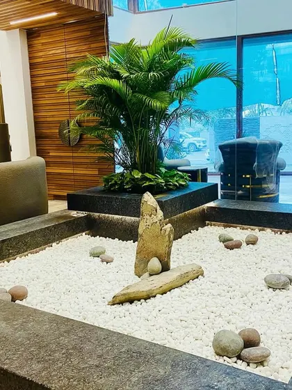 An indoor Zen courtyard in Faridabad, featuring a bed of white pebbles, carefully placed rocks, and a large palm tree, creating a point of tranquility within the home.