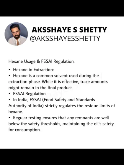 In India, the FSSAI strictly regulates the residue limits of solvents like hexane used in oil extraction. Regular testing ensures that any remnants are well below safety thresholds, making the final product safe for consumption.