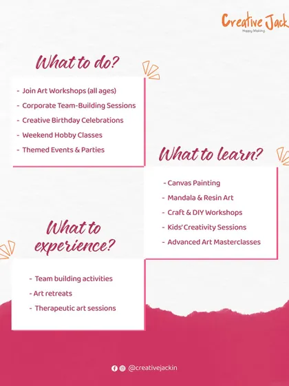 A helpful list of what you can do, learn, and experience at my studio, from workshops and parties to specific art forms like resin and mandala art.