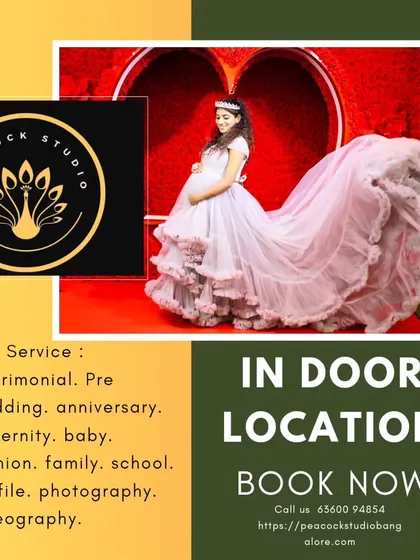 This promotional image showcases my indoor maternity shoots, highlighting the beautiful gowns and professional studio setups available.