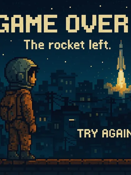 The 'Game Over' screen from the same fictional game, showing the player character missing the rocket.