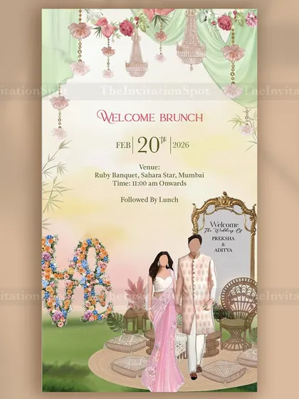 A chic and modern invitation for a welcome brunch. I illustrated the couple in their stylish outfits, surrounded by pastel decor and floral arrangements, to set a relaxed and elegant tone for the start of the wedding festivities.