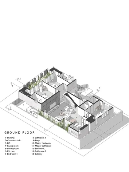An axonometric view of the ground floor plan, detailing the layout of the first apartment, parking, and common areas. These drawings are a key part of our design process, helping to clarify the spatial arrangement.