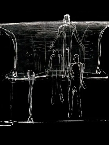 An initial concept sketch for the store's interior. This drawing explores the fundamental idea of suspending forms and figures within a defined architectural volume, which became the guiding principle for the final design.