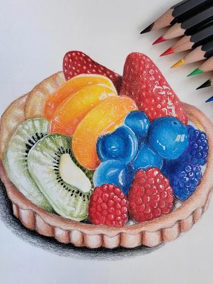 A delicious-looking fruit tart drawn with colored pencils. I focused on making the fruits look juicy and fresh, and the pastry perfectly baked, showing my skill in realistic still life art.
