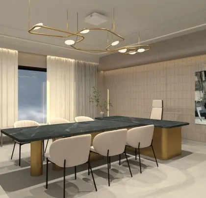 An alternate view of the executive office concept, emphasizing the large desk and ample meeting space, all unified by a calm, neutral color scheme.