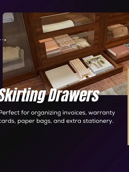 We believe no space should go to waste. Skirting drawers at the base of the wardrobe are our secret solution for storing papers, warranty cards, and other flat items, keeping them out of sight but within reach.