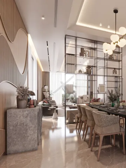 A metal and glass shelving unit acts as a permeable divider between the dining and living areas, defining the space while allowing light and views to pass through.