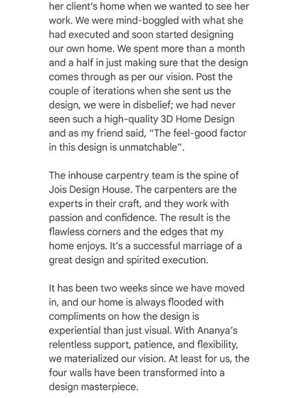 More praise from the 'Nordic Grey' clients, highlighting their satisfaction with our high-quality 3D designs and the flawless execution by our carpenters.