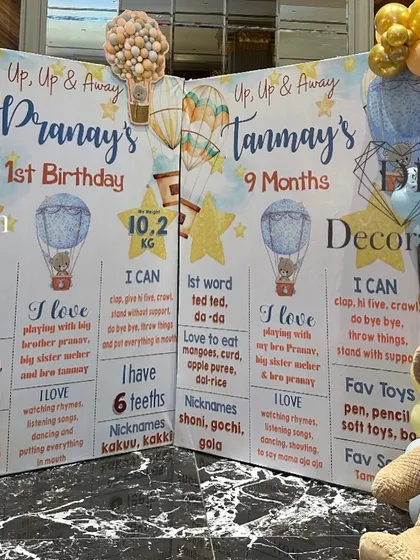 A beautiful and informative milestone board for brothers Tanmay and Pranay, detailing their achievements and favorites.