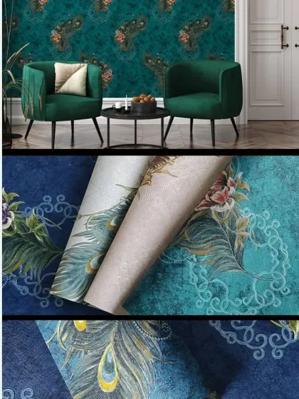 A collage showing various peacock feather wallpapers in a room setting and as a collection of colorful rolls.