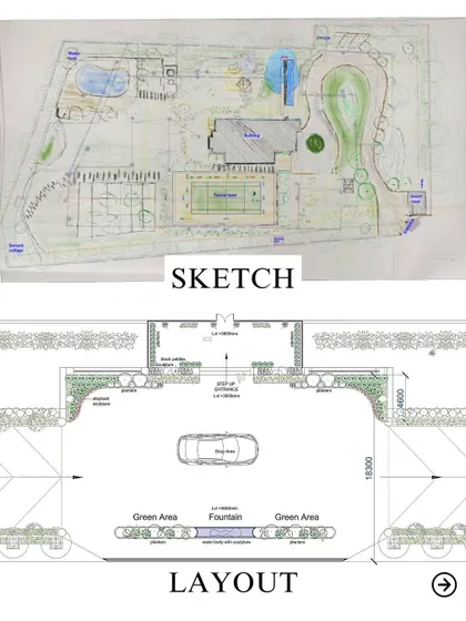 From a hand-drawn sketch to a detailed digital layout, my design process is thorough. This image shows the evolution of a large-scale landscape plan from initial concept to a precise layout.