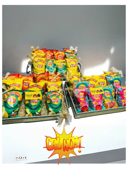 Another view of the 'Crunch Mode' hampers, ready for delivery. I can create large quantities of themed gifts that perfectly match a brand's campaign or event aesthetic.