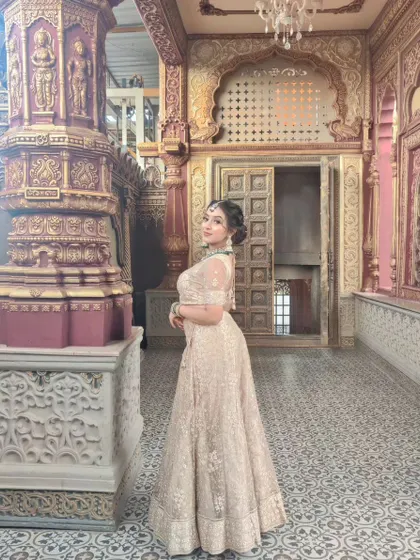 This image captures the full elegance of the party look within the grand setting. The makeup is designed to be impactful both up close and from a distance.