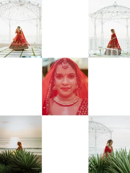 A collage of stunning solo bridal portraits at the beach, showcasing the bride's beauty against the setting sun and ocean waves.