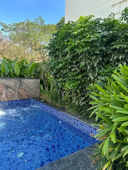 I designed this apartment's poolside area to feel like a private, tropical retreat. The dense foliage and water feature create a serene environment for residents to relax and unwind.