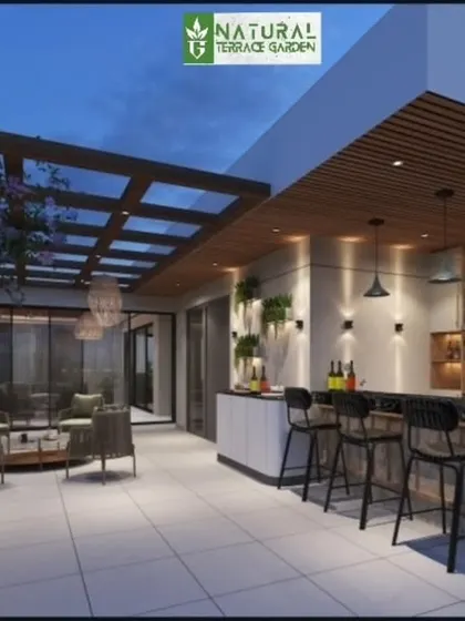 Proposed design for a luxurious rooftop bar and lounge in Janakpuri. This 3D render highlights a fully equipped bar, a semi-covered seating area, and a swing chair, showcasing a complete entertainment hub.