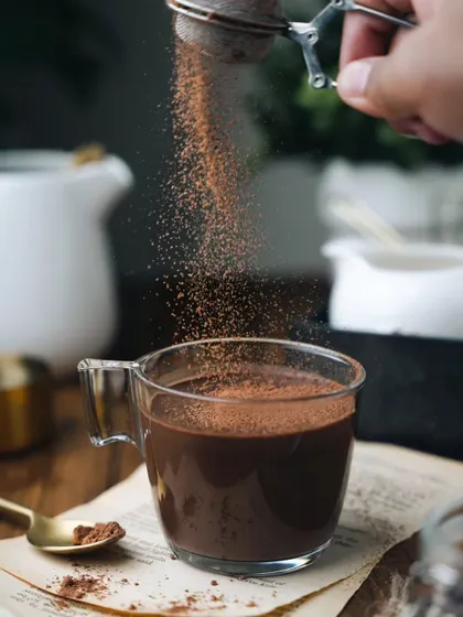 An action shot of cocoa powder being dusted onto a cup of hot chocolate. The motion and the dark, moody background make this a dynamic and enticing image.