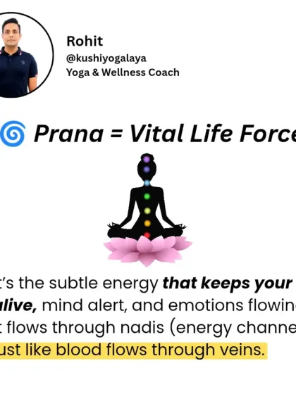 Prana is the vital life force, the subtle energy that keeps your body alive and mind alert. It flows through nadis (energy channels) just like blood flows through veins.