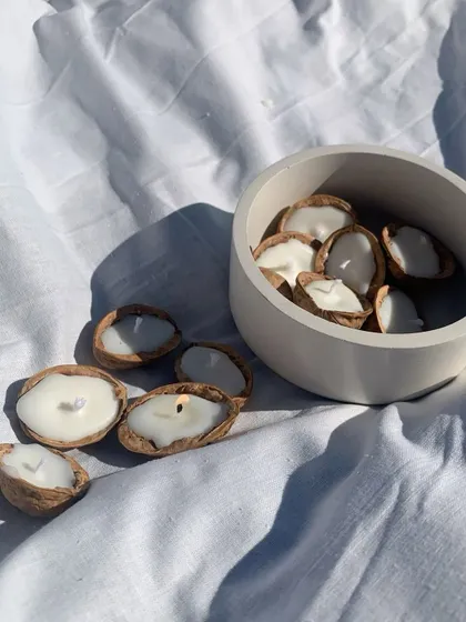We made these cute little walnut shell candles for a custom order. We can work with your inspiration pictures for orders as low as 50 pieces.