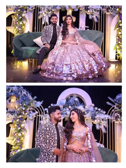 A collage from a lively engagement ceremony. It shows the couple on stage, their interactions, and the beautiful floral decor.