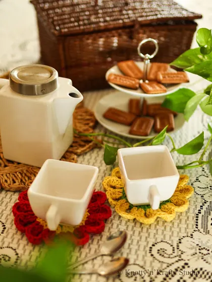 A closer look at the floral coasters in action, adding a little burst of colour under each cup.