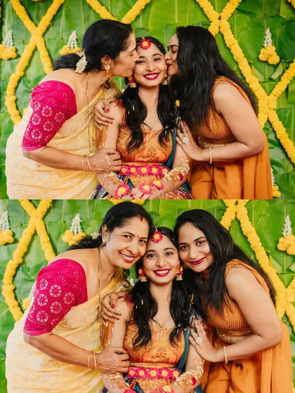A collage of the bride surrounded by her mother and sister, sharing kisses and smiles during a joyous Haldi ceremony.