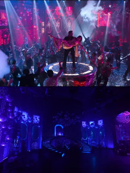 A dramatic lift scene from 'Bejuria'. The bottom image shows the full set and lighting rig, highlighting the scale of the production that is cropped out of the final, tightly framed shot.