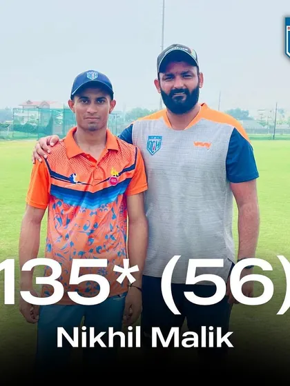 A graphic celebrating Nikhil Malik's unbeaten 135 in a DDCA T20 league match. This is what a match-winner looks like.