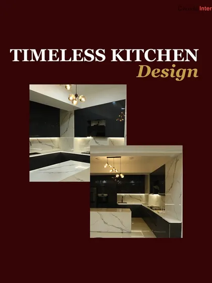 This collage showcases a timeless kitchen design, combining dark glossy cabinets with a white marble island and elegant pendant lighting.