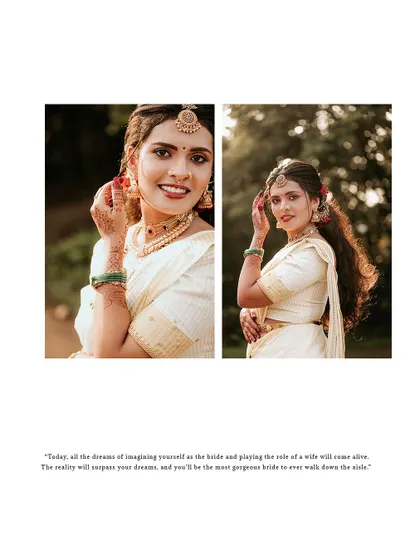 A collage of the bride's happy portraits, with a quote about her dreams coming true.