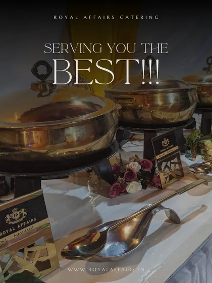 I am committed to serving you the best. This shot focuses on the gleaming brass serving dishes, including one labeled 'Dal Makhani', highlighting the quality of both the food and the equipment I use.