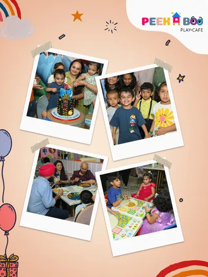 A collage of happy moments from Aviraj's 3rd birthday, including cake cutting, group photos, and mealtime.
