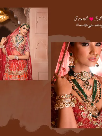 This collage provides both a full view and a detailed close-up of the jewellery, allowing you to appreciate the craftsmanship of the Kundan and emerald set.